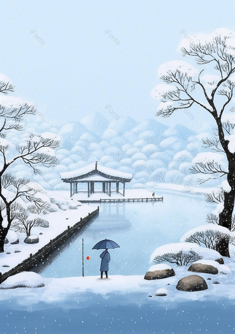 中国风古代亭台冬日湖面雪景手绘插画,插画/手绘图,插画/手绘图库,插画/手绘图下载,插画/手绘